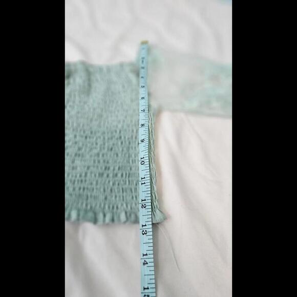 Chic Mint Green Smocked Crop Top with Sheer Sleeves Size Medium - Picture 7 of 8